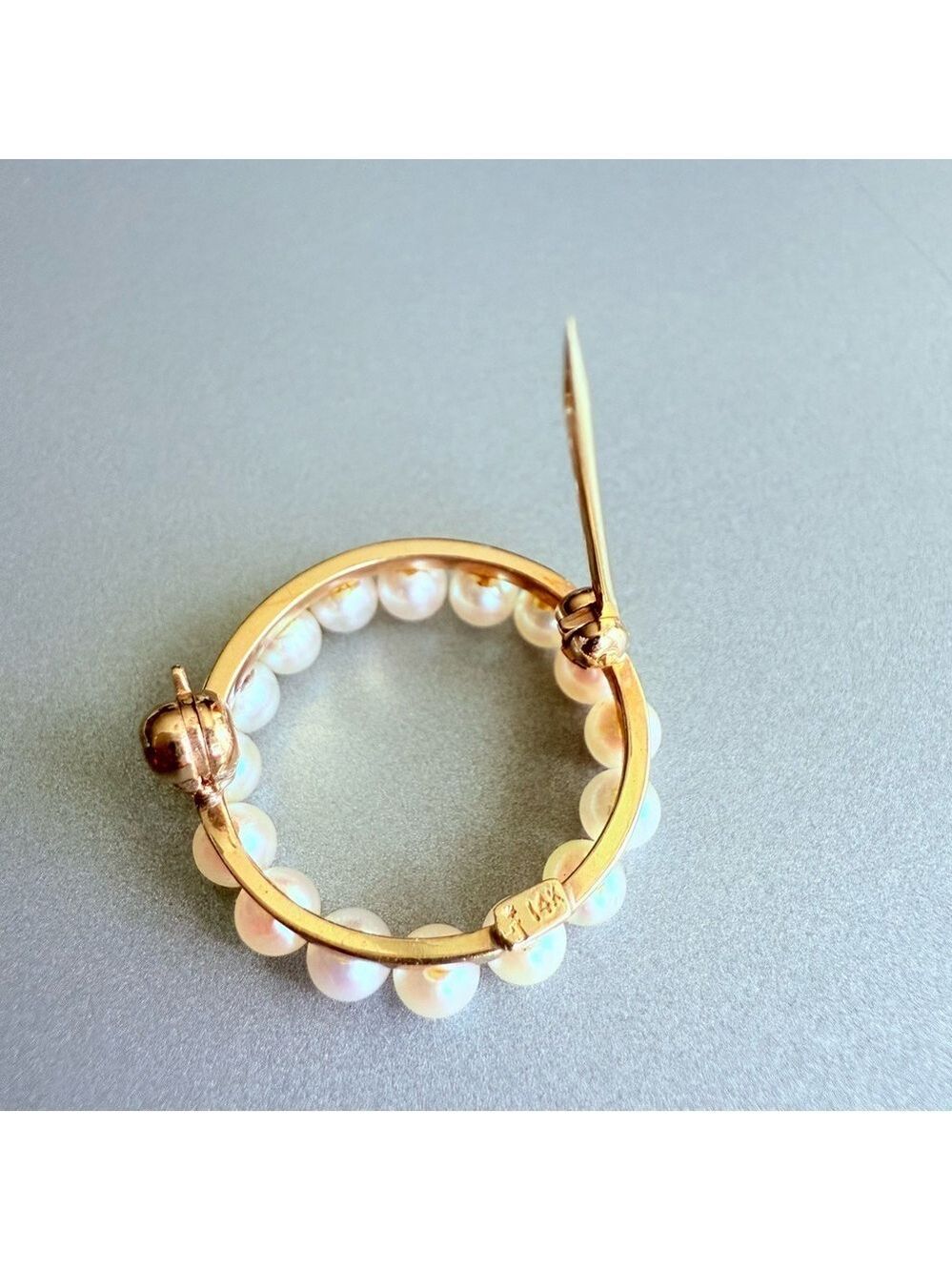 14k Gold White Natural Pearl Round Circle Elegant Pin Brooch Vintage - Picture 4 of 6